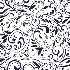 Abstract hand drawn seamless pattern openwork flower ornament of leaves, branches, curls, flowing lines. Floral vector illustration for greeting card, invitation, wallpaper, wrapping paper, fabric