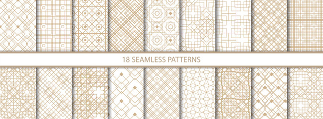 Set of eighteen gold decorative seamless patterns vector of different geometric forms. Abstract pattern for design cards, invitations, wallpaper, wrapping paper. Square, rhombus, triangle, line - obrazy, fototapety, plakaty