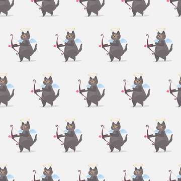 Seamless pattern Funny gray cat in the image of a cupid. A cat with a serious look. Chubby cat with an arrow. Background to the day of lovers. Vector illustration