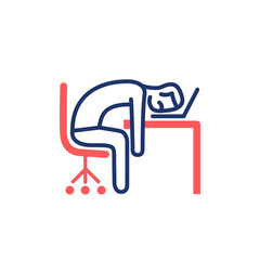Boredom in office. Vector business illustration of boring businessman with his head on the desk | modern flat design linear concept icon and infographic blue and red on white background