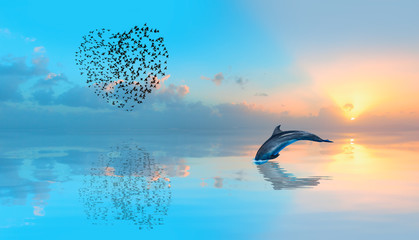 Birds silhouettes flying above the lake (in shape of heart) - Dolphin jumping on the water at...