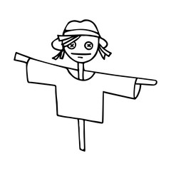 Hand drawn vector illustration. Scarecrow in doodle style, isolated on a white background.