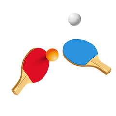Red and Blue table tennis rackets and ping-pong ball isolated on white background.