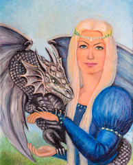 Princess with dragon in her arms. Fairytale illustration in the picture.