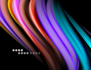 Silk smooth lines on black, liquid fluid color waves. Vector Illustration