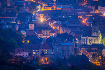 Aerial panorama of Brasov at dawn