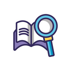 magnifying glass and academic book, line and fill style icon