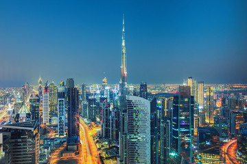 Fototapeta na wymiar Amazing Dubai city center skyline at sunset, United Arab Emirates