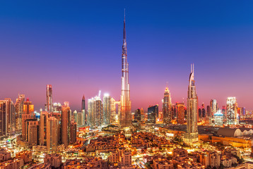 Fototapeta na wymiar Amazing Dubai city center skyline at sunset, United Arab Emirates