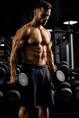 Fototapeta na wymiar Shirtless male bodybuilder holding dumbbells.