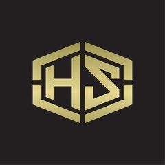 HS Logo monogram with hexagon shape and piece line rounded design tamplate on gold colors