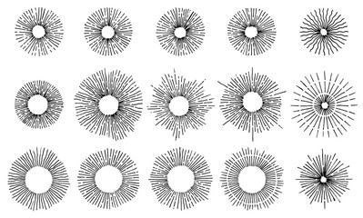 Set of Vintage Sunbursts in Circle Shapes. Trendy hand drawn retro bursting rays design elements. Vector geometric labels