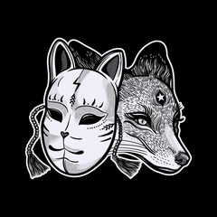 Japanese mask fox with real fox. Dreamy magic art. Night, nature symbol.Isolated vector art. Print on poster, card, sticker, T-shirt.