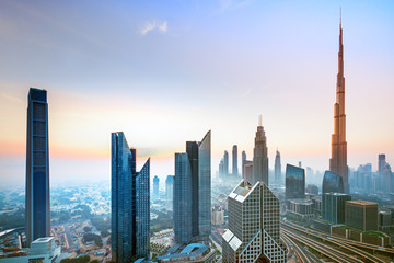 Fototapeta na wymiar Dubai city skyline at sunset, United Arab Emirates