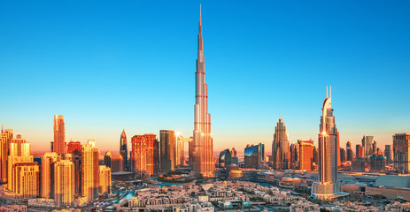 Dubai city skyline at sunset, United Arab Emirates