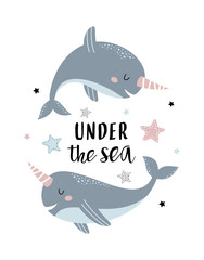 card with cute narwhals isolated on white, under the sea © StockVector