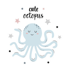 card with cute octopus isolated on white