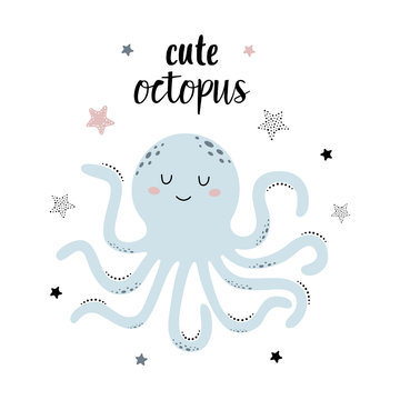 card with cute octopus isolated on white