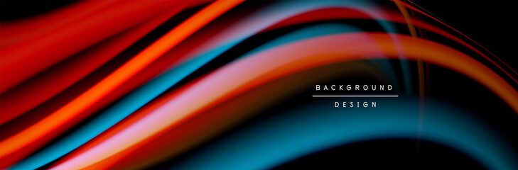 Сolorful flow poster. Wave liquid lines and shapes in black color background. Vector Illustration