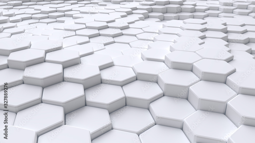 Poster abstract white hexagonal background. ceramic hex tiles. interior design concept. 3d render illustrat