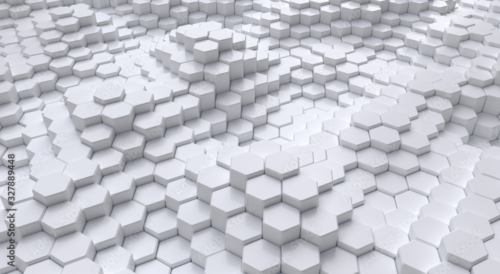 Poster abstract white hexagonal background. ceramic hex tiles. interior design concept. 3d render illustrat