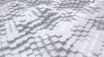 Abstract white hexagonal background. Ceramic hex tiles. Interior design concept. 3d render illustration. Geometry pattern. Random honeycomb cells. Polygonal glossy surface. Architectural abstraction