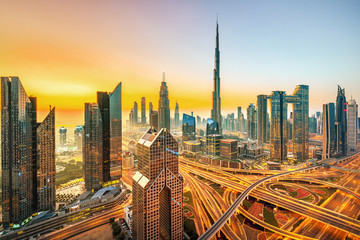 Fototapeta na wymiar Dubai city skyline at sunset, United Arab Emirates