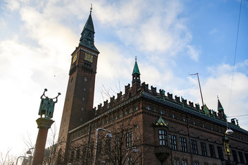 Fototapeta na wymiar View to City Hall building and Lur Blower Column in Copenhagen, Denmark. February 2020