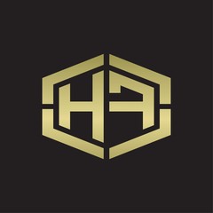 HF Logo monogram with hexagon shape and piece line rounded design tamplate on gold colors