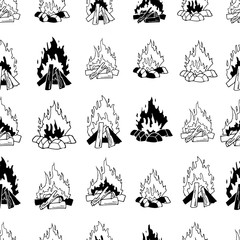 Obraz premium Monochrome vector seamless pattern with black elements isolated on white. Endless texture. Black and white burning bonfire. Contour and silhouettes. Outdoor adventure. Wild life. Camping hiking time