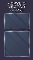 Vector plastic and acrylic glass mockup with glow light reflection on the edge of frame. Window, screen or plate  with shiny glare effect on a transparent dark blue background.