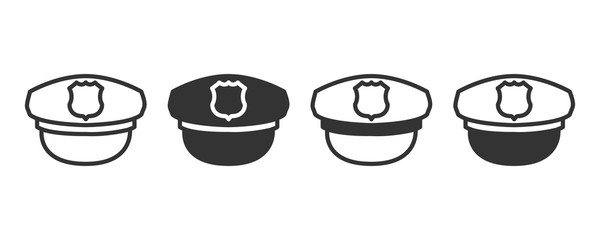 Police cap icons in four different versions in a flat design