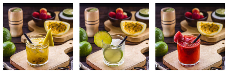 Brazilian caipirinha, typical Brazilian cocktail made with fruits. Lemon, strawberry and passion fruit, cachaça or vodka with sugar. Cultural and gastronomic heritage of Rio de Janeiro.