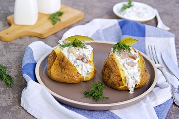 Whole baked potatoes with sour cream, herring and pickled cucumbers sauce on a brown plate on a gray concrete background. Potato recipes
