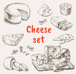 Cheese Set Hand Drawing Vector Illustration. Isolated curds collection used for logo design, recipe book, advertising cheese or restaurant menu.