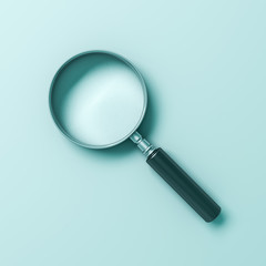 Magnifying glass isolated on cyan green blue pastel color background with shadow 3D rendering