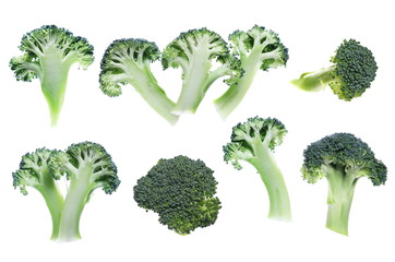 Set fresh sliced broccoli isolated on white background