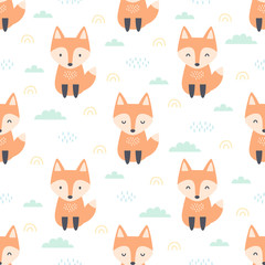 Orange red fox sitting on the field seamless pattern background
