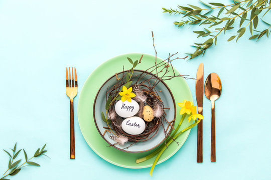 Easter Table Setting Concept, Top Down View Of Table Arrangement With Greeting Decorative Composition
