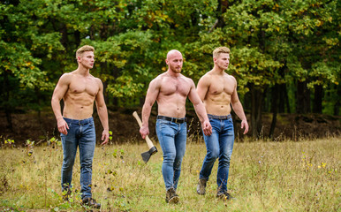 Wild masculinity. Strength and perseverance. Men with muscular torso. Brutal macho style. Strong...