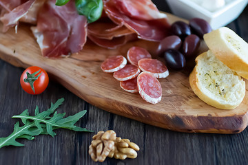 Obraz na płótnie Canvas Prosciutto, bread, olives, walnut, mozzarella, salami, basil and cherry tomatoes on brown wooden board. Mediterranean kitchen.