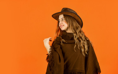 confident and ambitious. teen in hat. stylish looking girl. small girl wear autumn clothes. retro fashion model. beauty and fashion. looking trendy this fall season. vintage concept. copy space