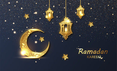 Obraz na płótnie Canvas Ramadan greeting card on dark background. Arabic Vector illustration. Ramadan Mubarak means Happy Ramadan