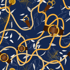 Сhain seamless vector pattern on dark blue background with fashion floral design.