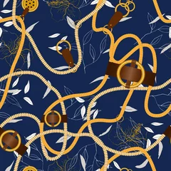 Behang Сhain naadloos vectorpatroon op donkerblauwe achtergrond met mode bloemdessin. © Yuliia