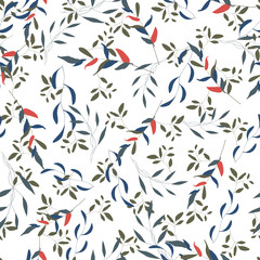 Exotic pattern with tropical leaves in jungle hawaii style. Hand drawing summer decoration of green, blue, red painting palm foliage or plants and vintage garden. Trendy seamless vector design.