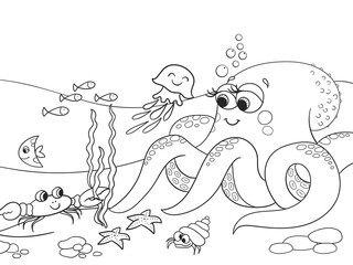 Bright, coloring pattern. The seabed with its inhabitants. Fish with octopus. Cartoon vector