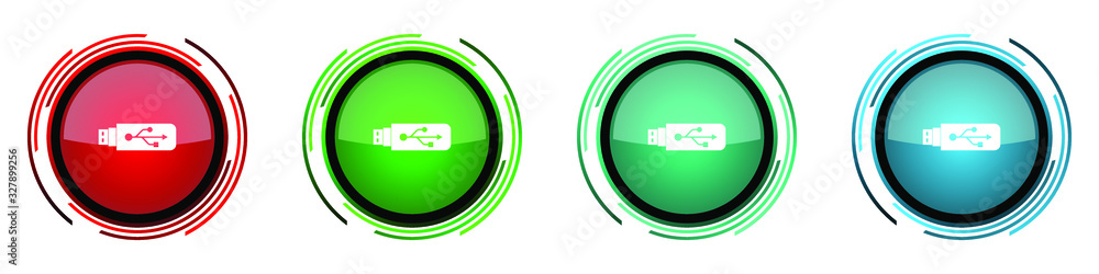 Poster Usb round glossy vector icons, set of buttons for webdesign, internet and mobile phone applications in four colors options isolated on white background