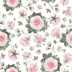 Seamless pattern of delicate roses drawn by paints on paper