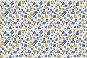 Seamless pattern of casino dices of different size and color in chaotic order in the air. 3d illustration.